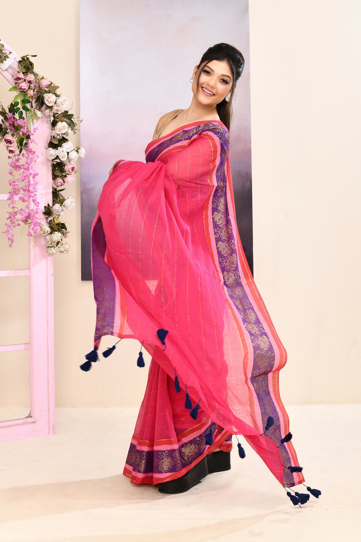 Piyari Fashion Women's Rani Pink Embellished Zari Border Cotton Saree