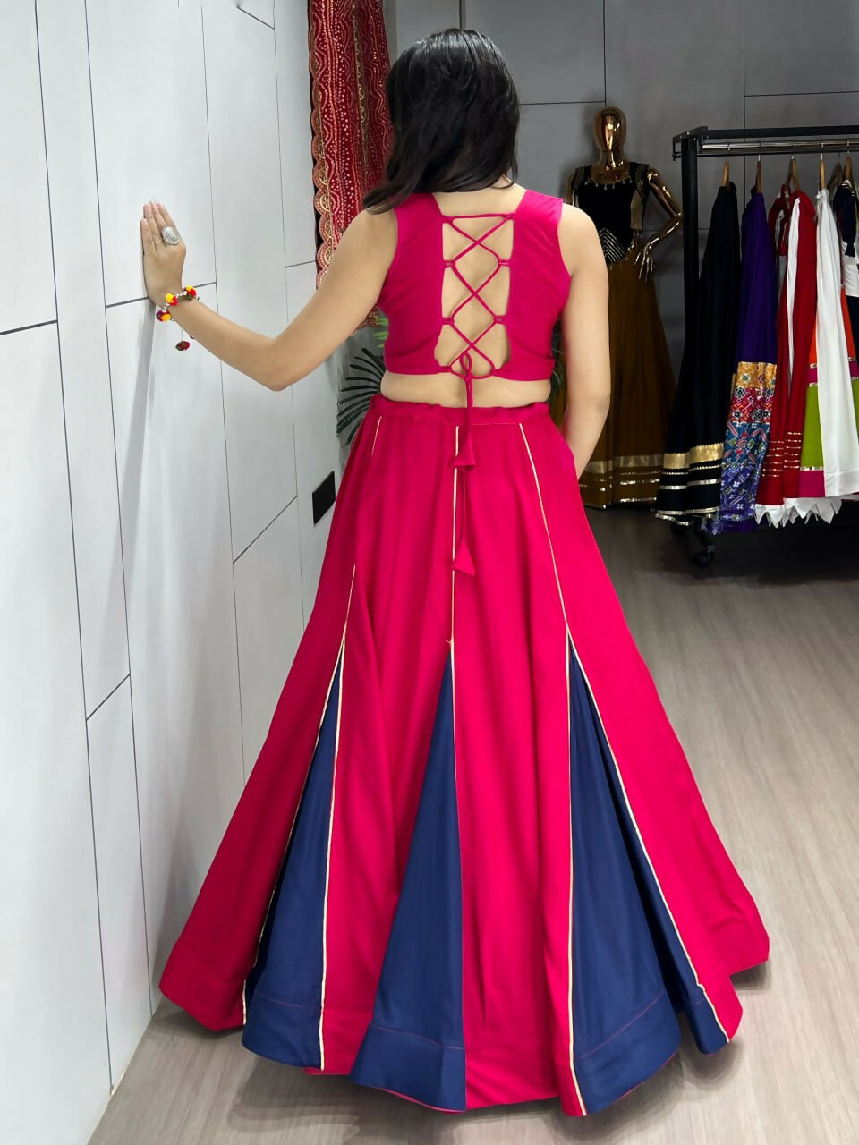 Yash Enterprise Gajari Navy Blue Rayon Cotton Embroidery Semi Stitched Navratri Top Chaniya Choli