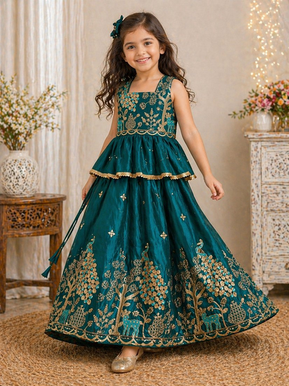 Evanik Blue Pure Gold Crush With Peacock Design Work Kids Lehenga Choli