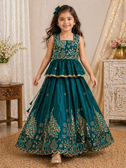 Evanik Blue Pure Gold Crush With Peacock Design Work Kids Lehenga Choli
