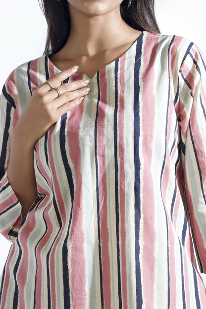 Breathables WomenS Pink Cotton Stripes Loungewear Co-Ord Set