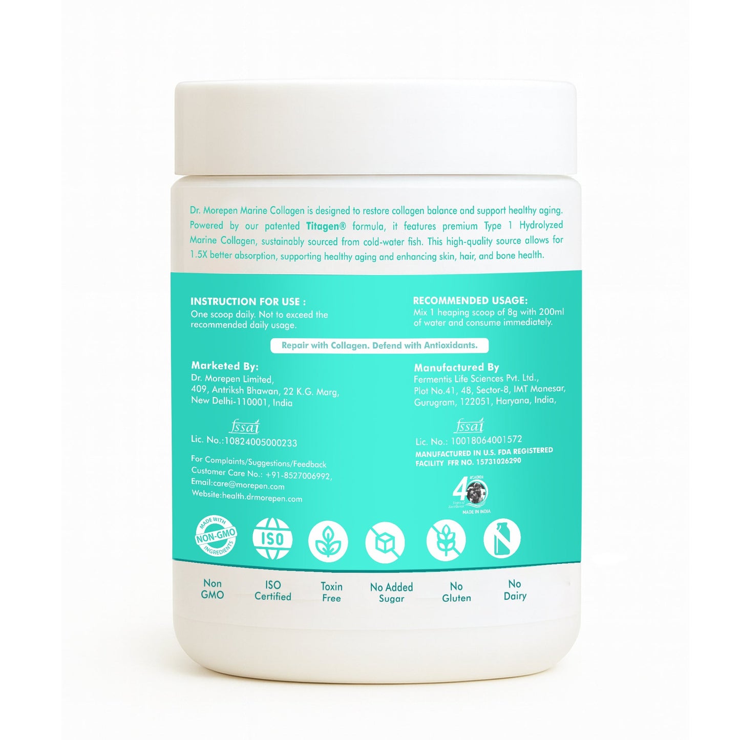 Dr. Morepan Marine Collagen Powder with Glutathione, Hyaluronic Acid, Resveratrol & Biotin Lemon Lime Flavour