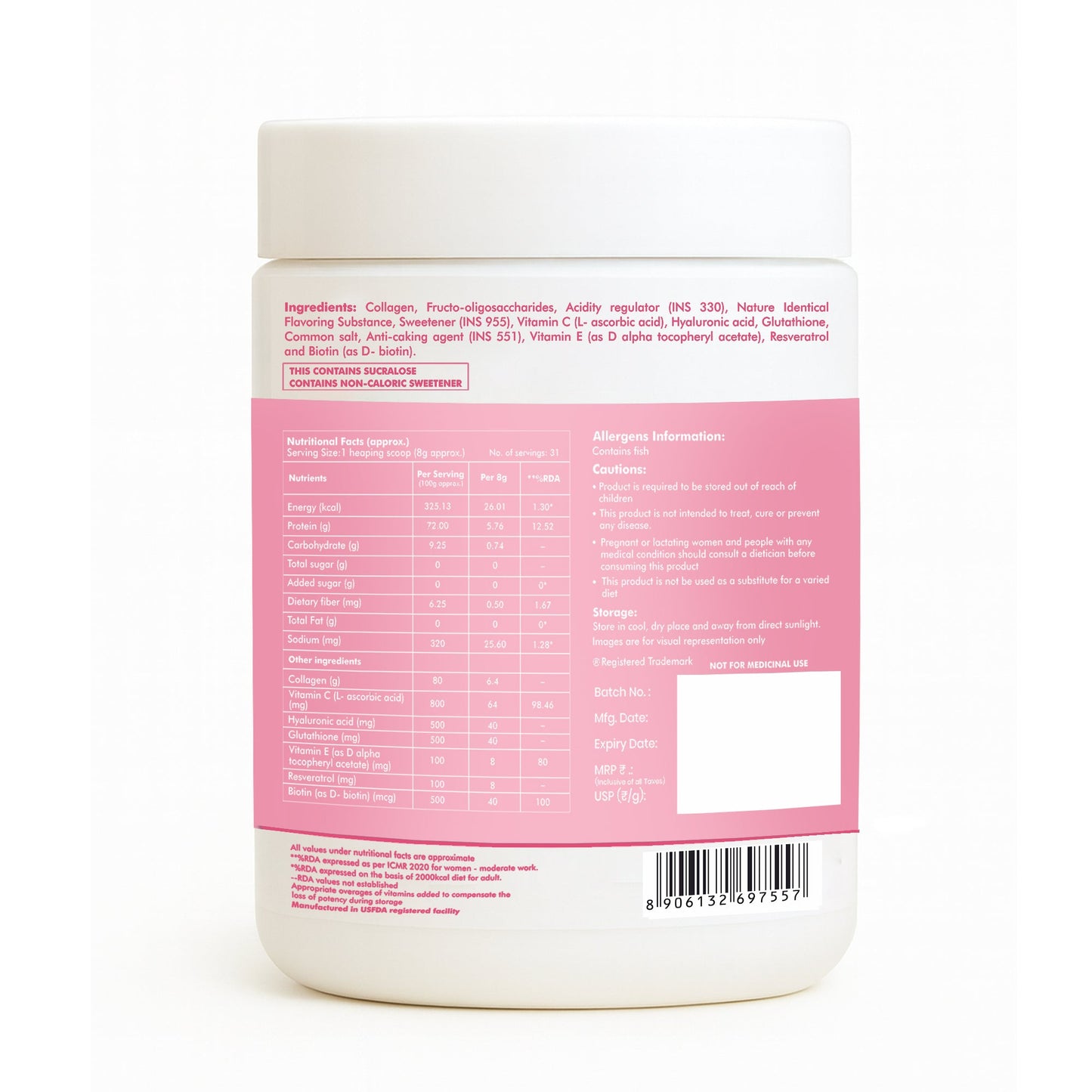DR. Morepen Skin Collagen Powder with Glutathione, Hyaluronic Acid, Resveratrol & Biotin Strawberry Watermelon Flavour