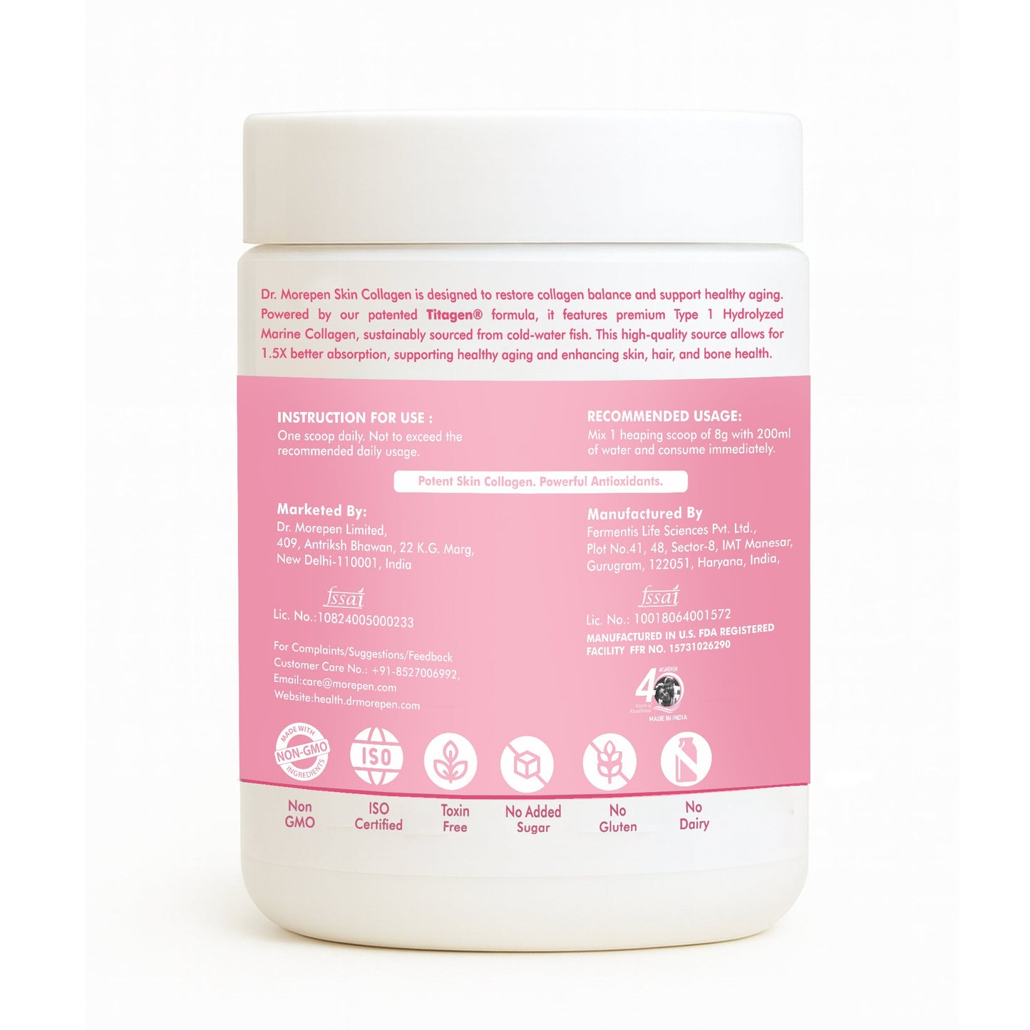 DR. Morepen Skin Collagen Powder with Glutathione, Hyaluronic Acid, Resveratrol & Biotin Strawberry Watermelon Flavour