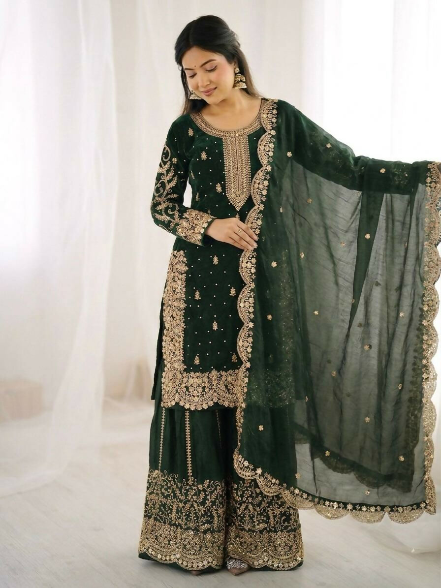 Teeya Creation Womens New Trendy Embroidery Coding And Sequence Work Green Kurta Set