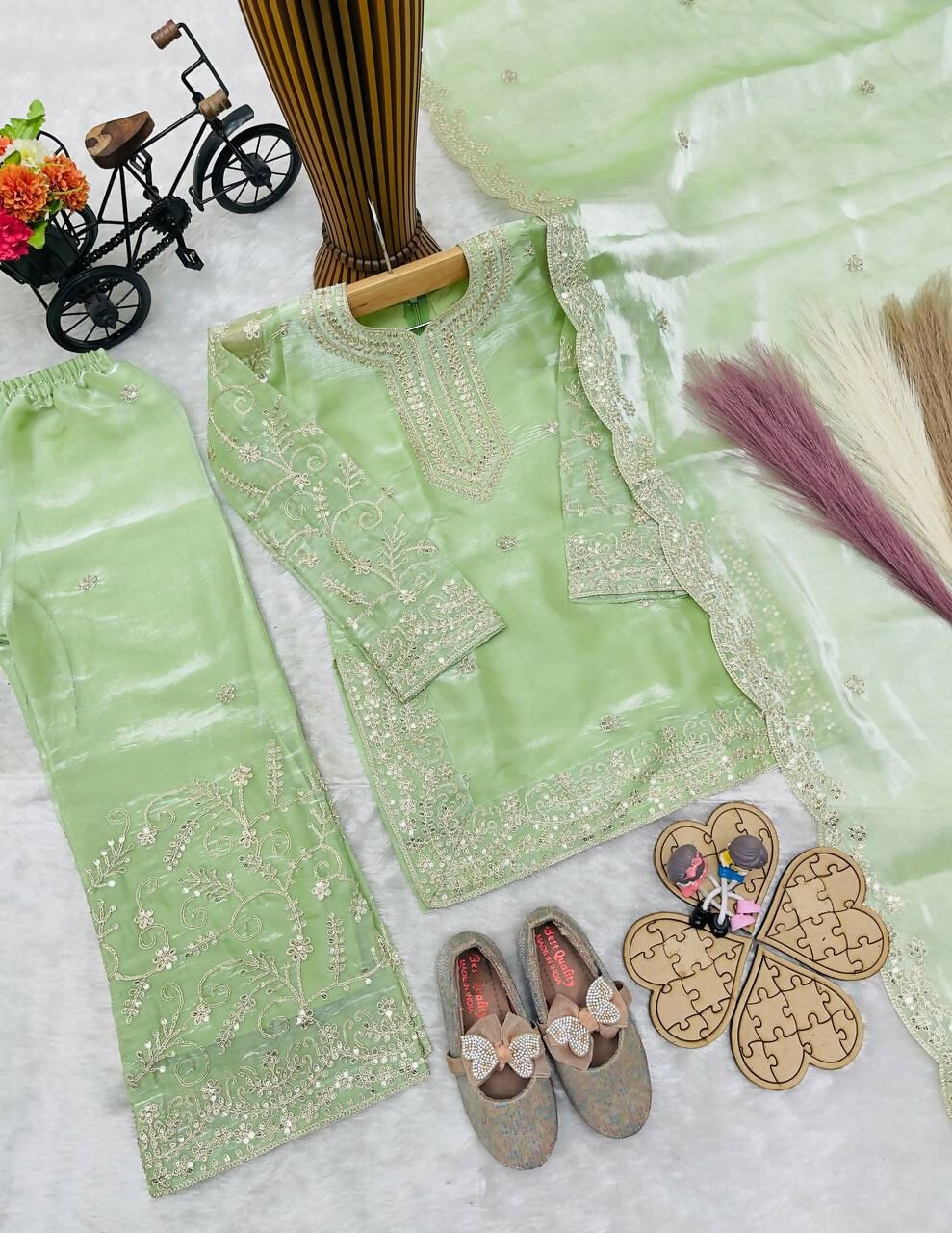 Teeya Creation New Kids Wedding Wear Heavy Embroidery Sequence Work Kurta Sharara Set-Green
