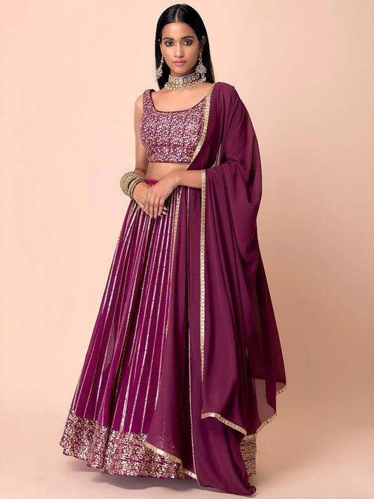 Tulsi Art Marvelous Wine Sequins Georgette Reception Wear Lehenga Choli