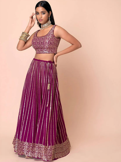 Tulsi Art Marvelous Wine Sequins Georgette Reception Wear Lehenga Choli