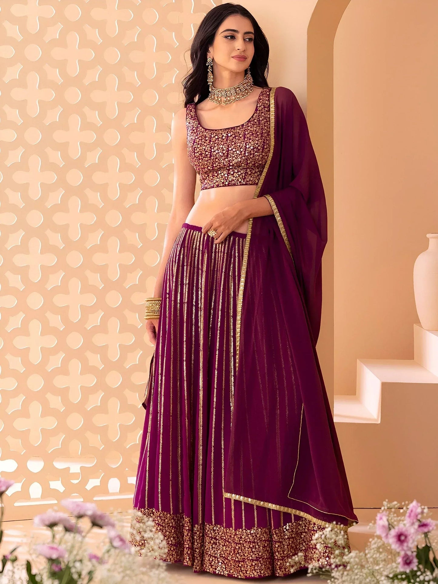 Tulsi Art Marvelous Wine Sequins Georgette Reception Wear Lehenga Choli