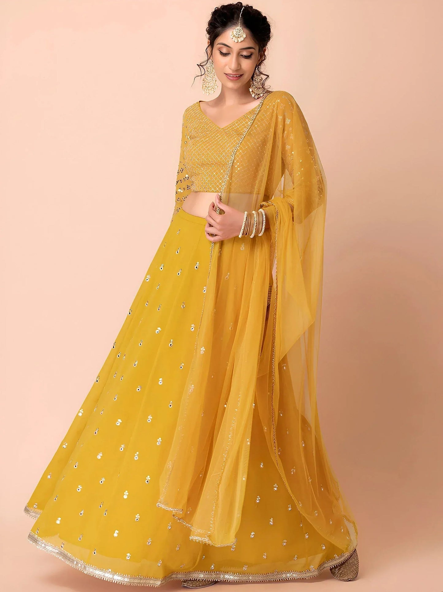 Tulsi Art Attractive Yellow Sequins Georgette Haldi Wear Lehenga Choli