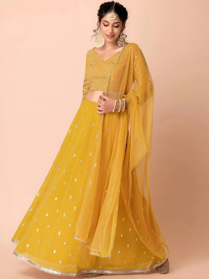 Tulsi Art Attractive Yellow Sequins Georgette Haldi Wear Lehenga Choli