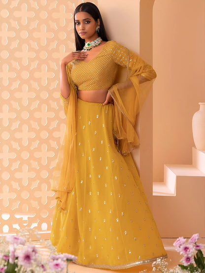 Tulsi Art Attractive Yellow Sequins Georgette Haldi Wear Lehenga Choli