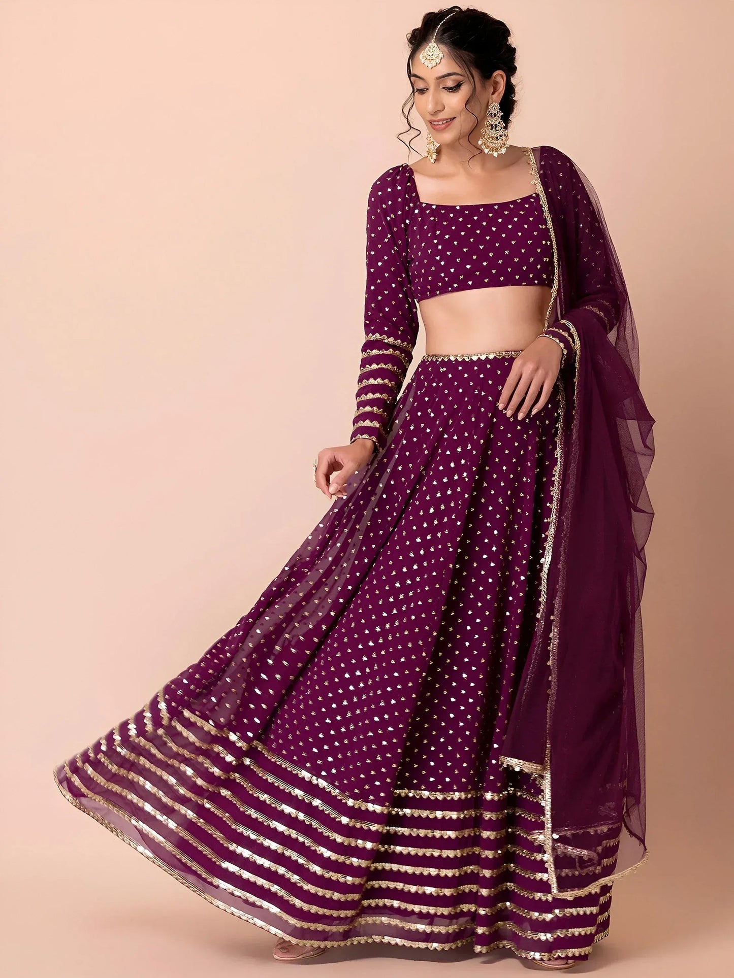 Tulsi Art Alluring Purple Sequins Georgette Bridesmaid Lehenga Choli With Dupatta