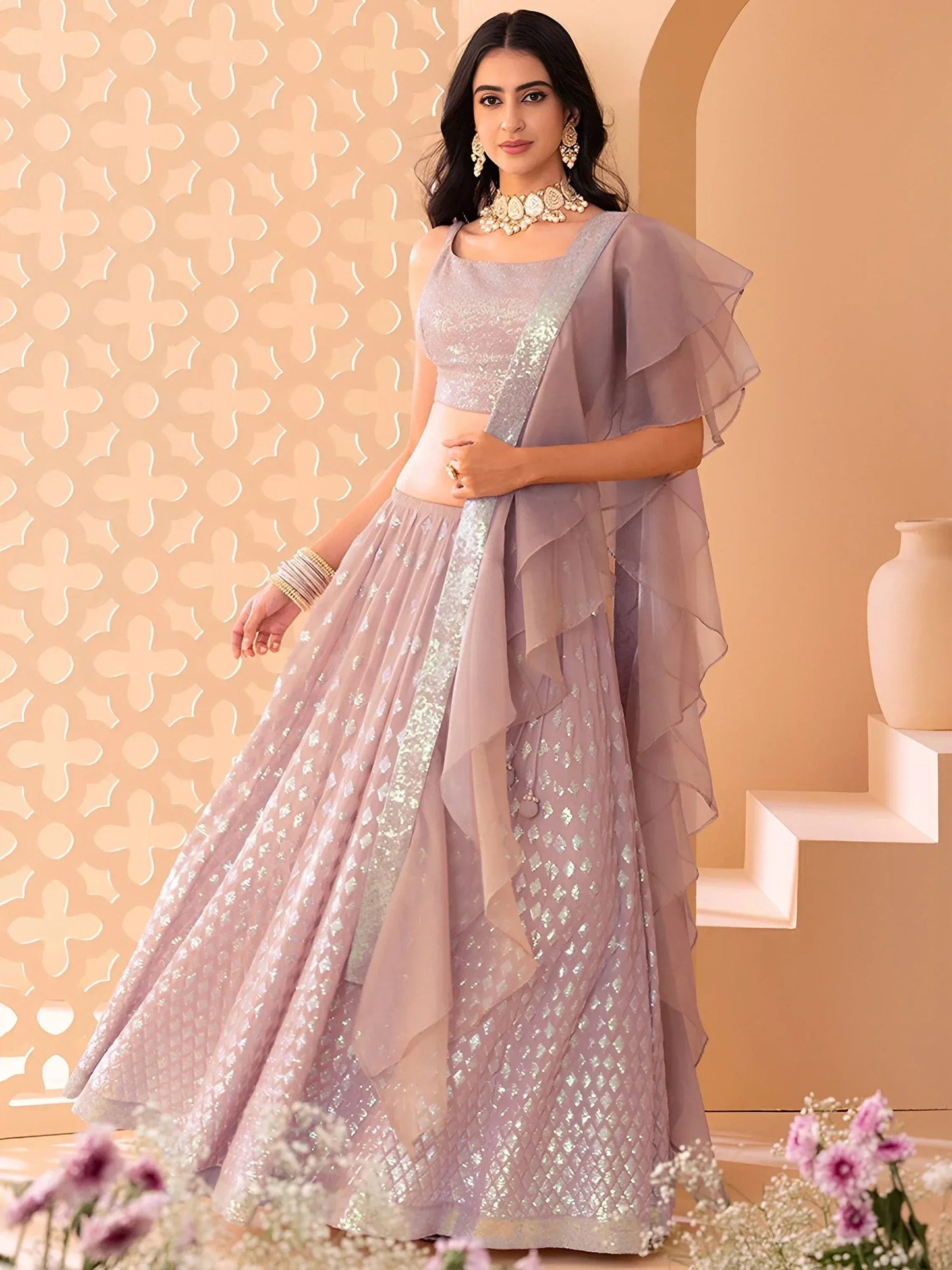 Tulsi Art Astonishing Pink Embroidered Georgette Party Wear Lehenga Choli