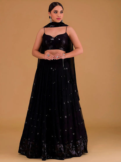 Tulsi Art Outstanding Black Sequins Georgette Party Wear Lehenga Choli