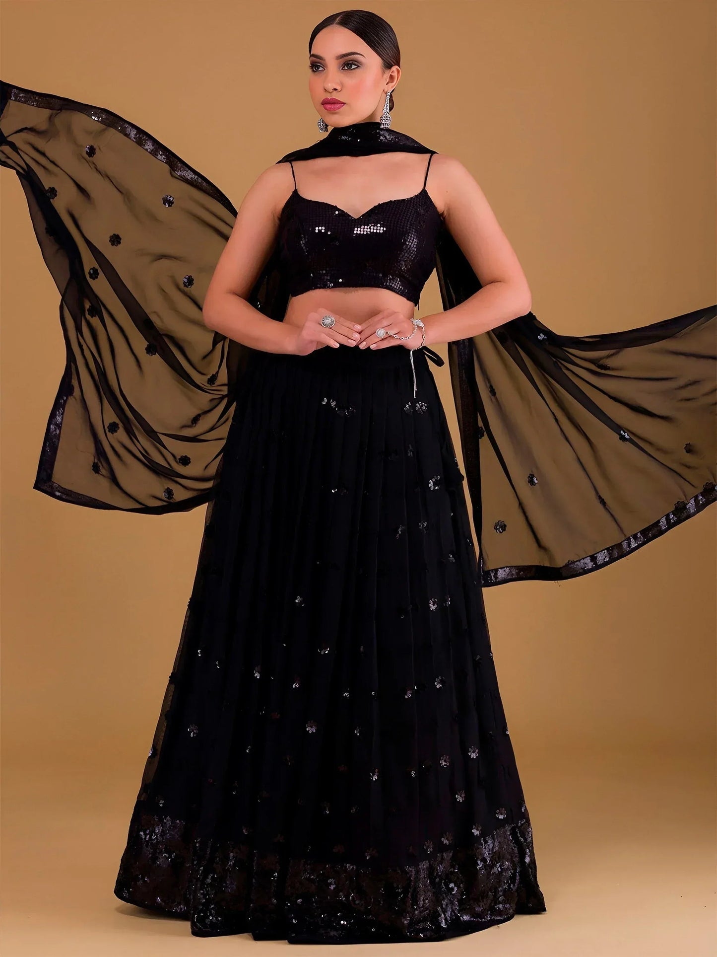 Tulsi Art Outstanding Black Sequins Georgette Party Wear Lehenga Choli