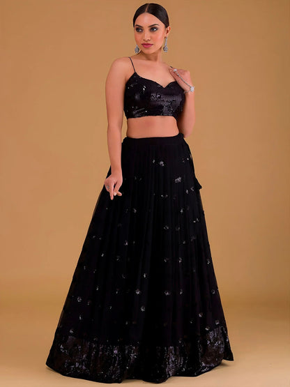 Tulsi Art Outstanding Black Sequins Georgette Party Wear Lehenga Choli