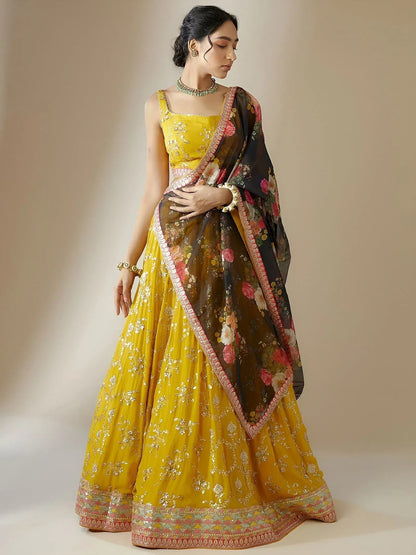 Tulsi Art Awesome Yellow Sequins Georgette Festival Wear Lehenga Choli