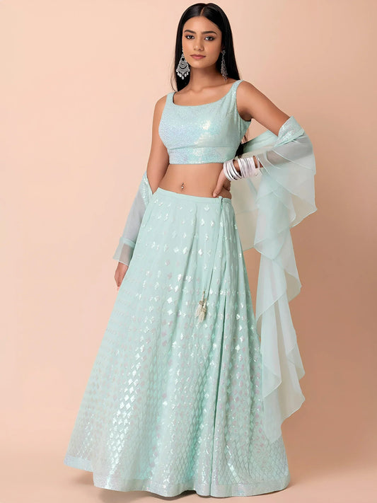 Tulsi Art Fabulous Sky-Blue Embroidered Georgette Reception Wear Lehenga Choli