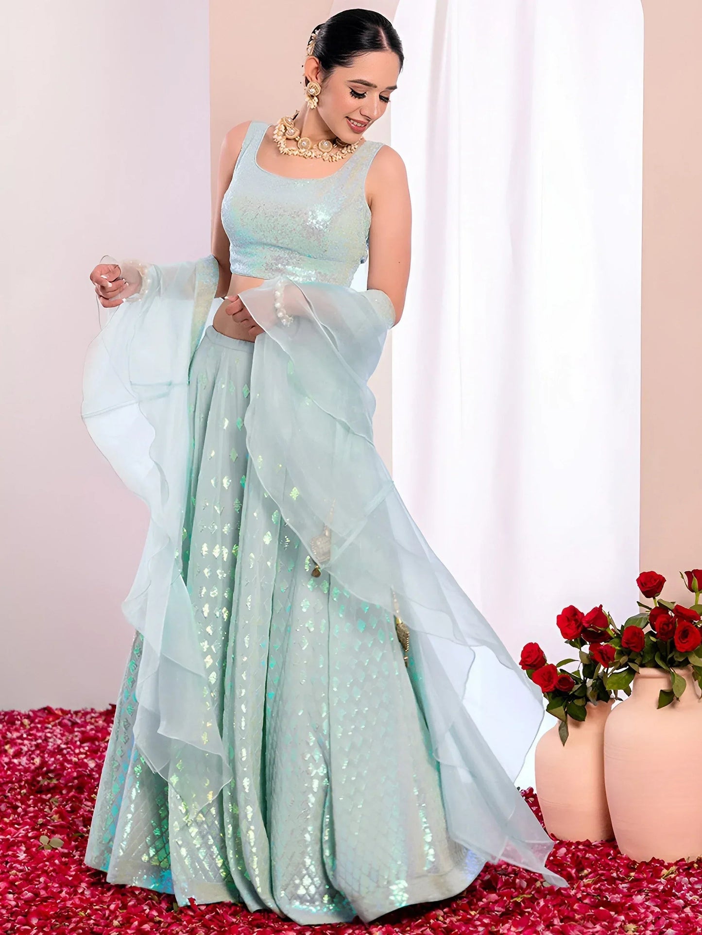Tulsi Art Fabulous Sky-Blue Embroidered Georgette Reception Wear Lehenga Choli