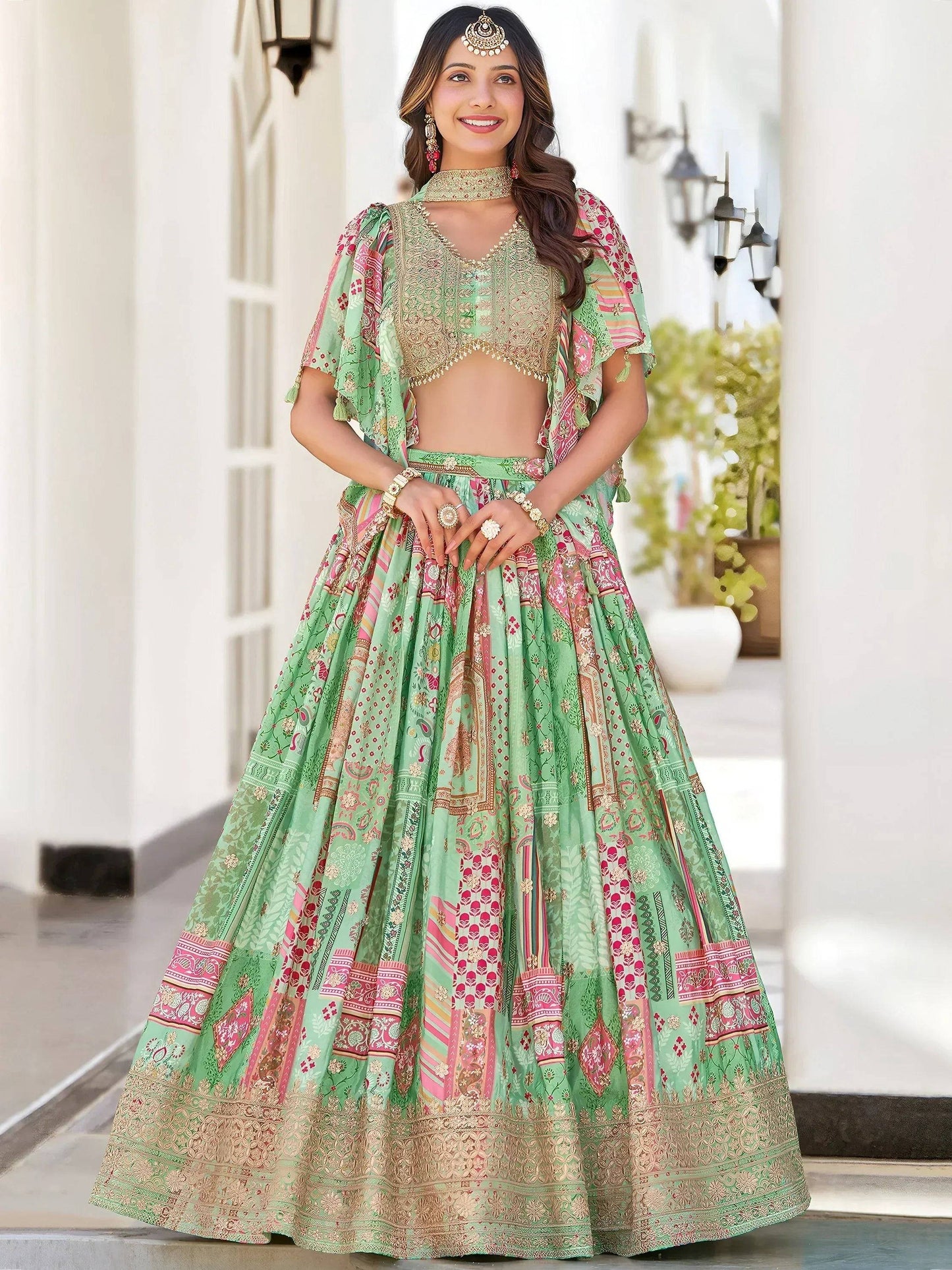 Tulsi Art Gorgeous Pista Green Chinon Dori Embroidered Lehenga Choli