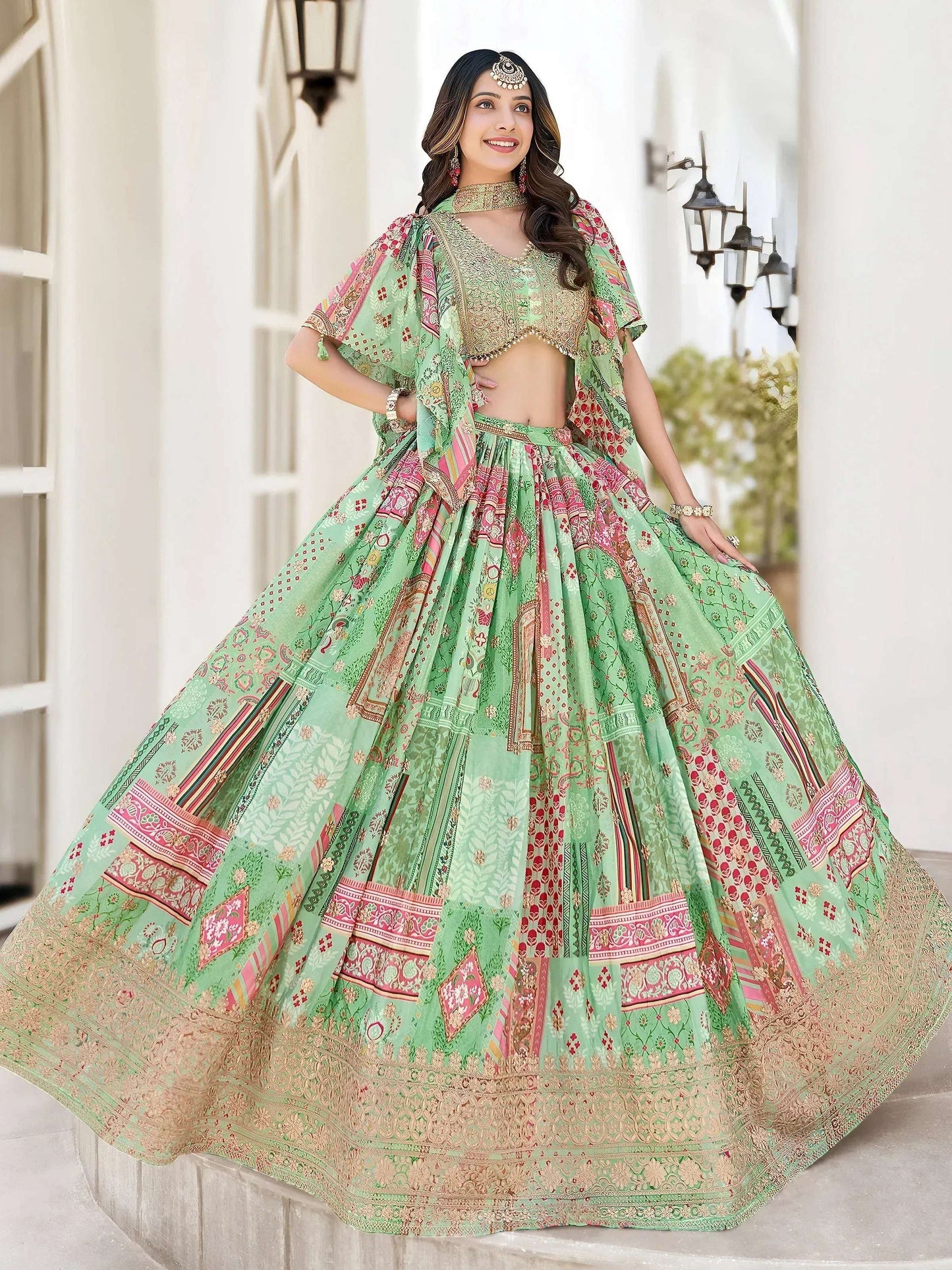 Tulsi Art Gorgeous Pista Green Chinon Dori Embroidered Lehenga Choli