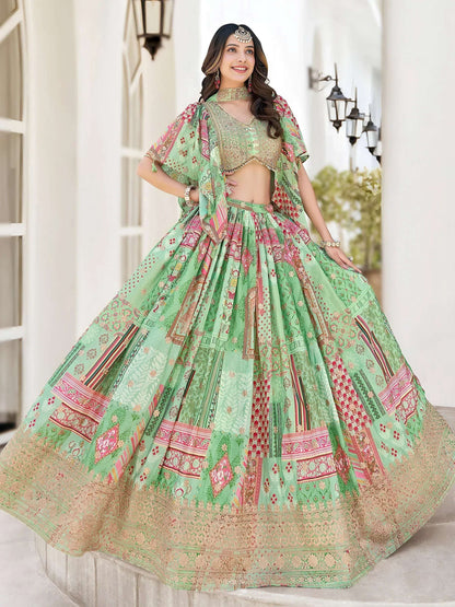 Tulsi Art Gorgeous Pista Green Chinon Dori Embroidered Lehenga Choli