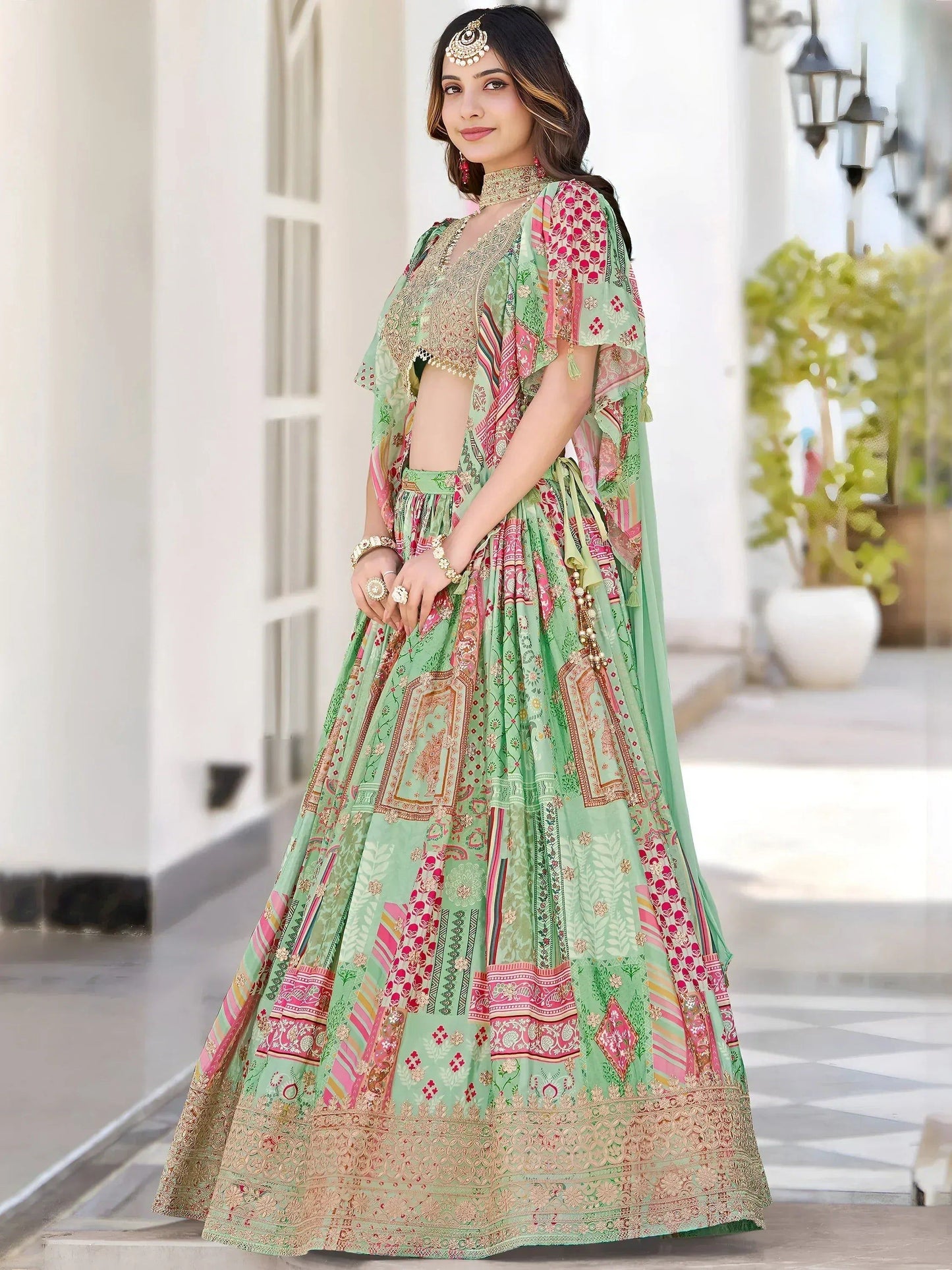 Tulsi Art Gorgeous Pista Green Chinon Dori Embroidered Lehenga Choli