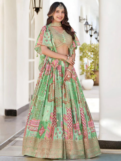 Tulsi Art Gorgeous Pista Green Chinon Dori Embroidered Lehenga Choli