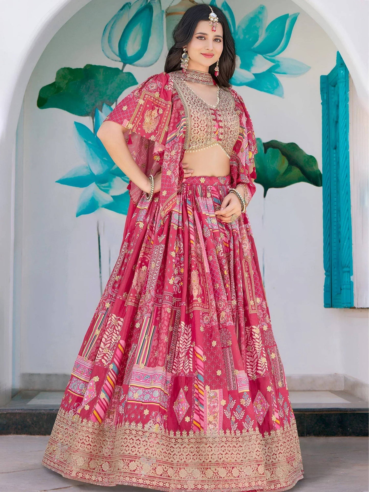 Tulsi Art Attractive Pink Chinon Thread Embroidered Wedding Wear Lehenga Choli