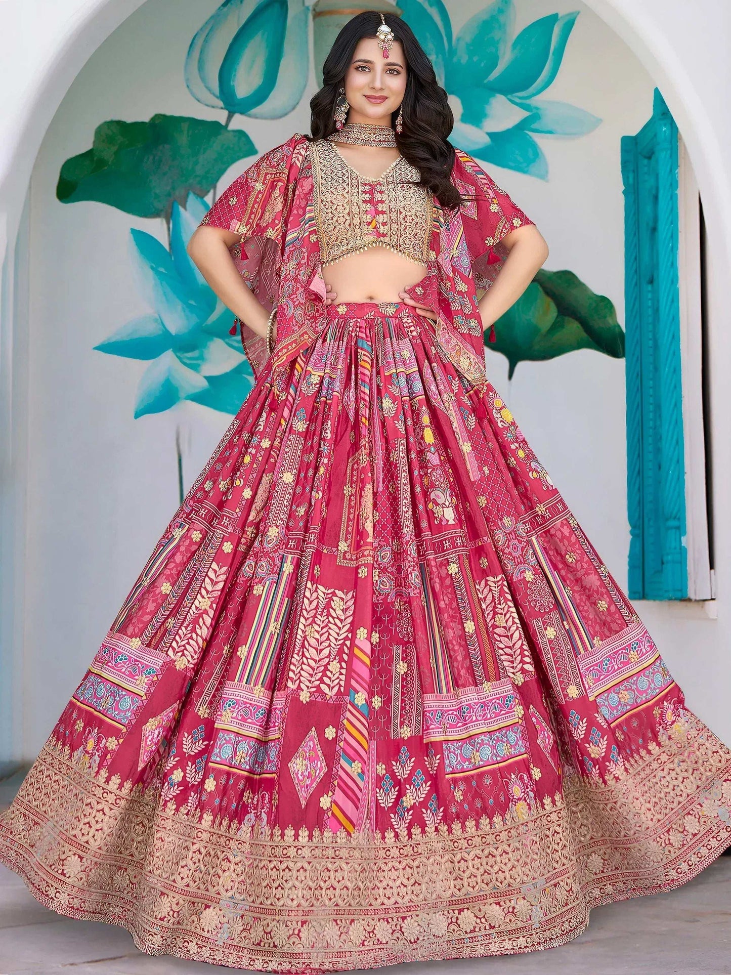 Tulsi Art Attractive Pink Chinon Thread Embroidered Wedding Wear Lehenga Choli