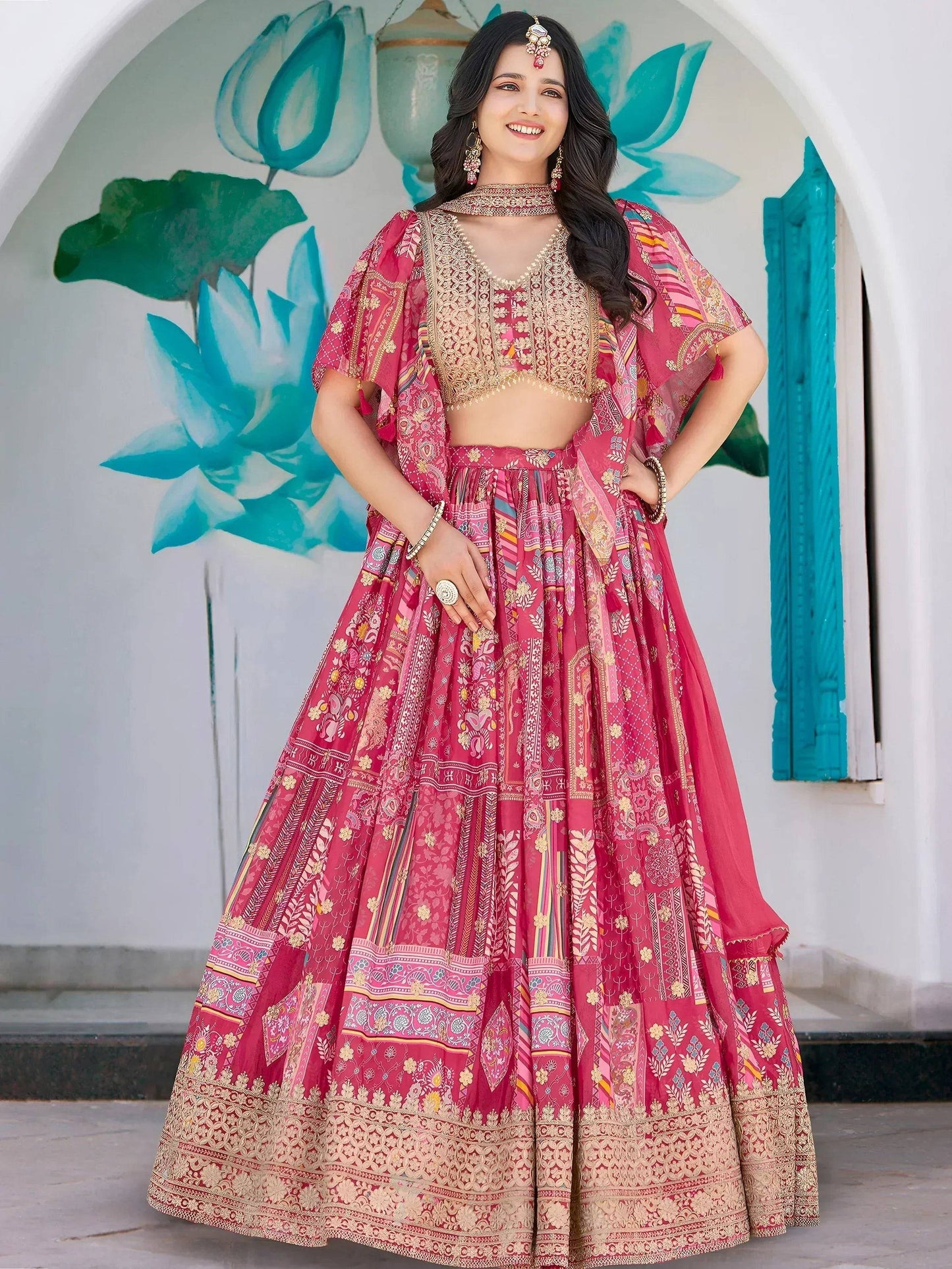 Tulsi Art Attractive Pink Chinon Thread Embroidered Wedding Wear Lehenga Choli