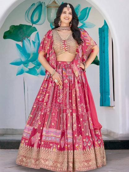 Tulsi Art Attractive Pink Chinon Thread Embroidered Wedding Wear Lehenga Choli