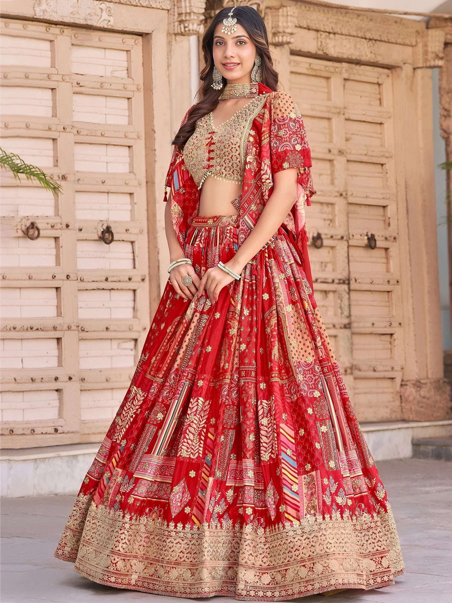 Tulsi Art Stunning Red Chinon Digital Printed Wedding Lehenga Choli