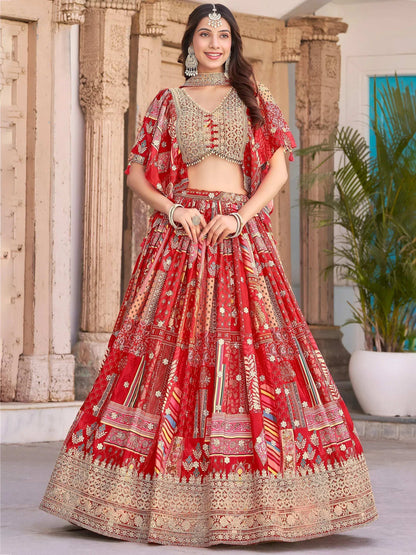 Tulsi Art Stunning Red Chinon Digital Printed Wedding Lehenga Choli