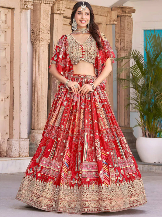 Tulsi Art Stunning Red Chinon Digital Printed Wedding Lehenga Choli