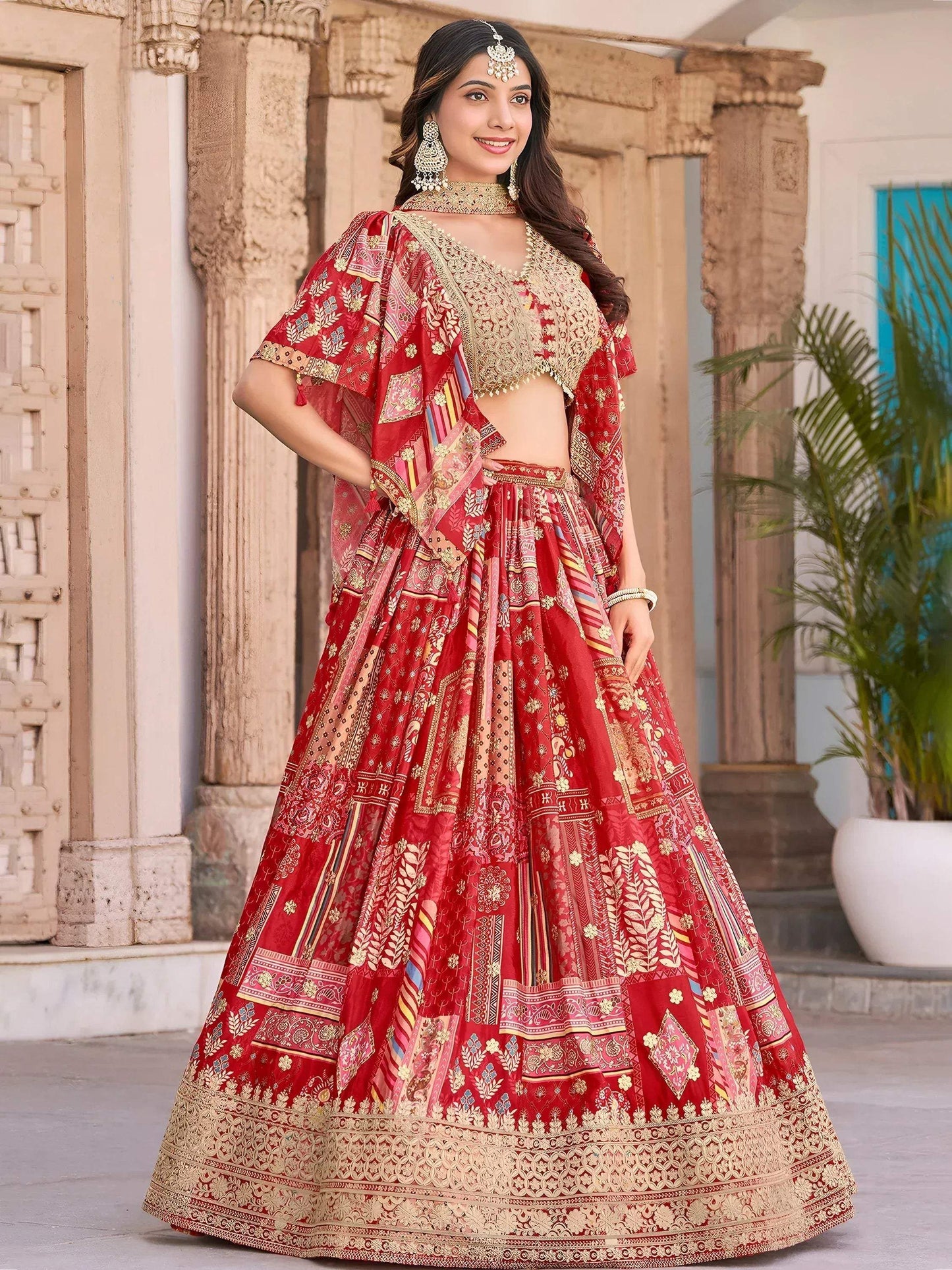Tulsi Art Stunning Red Chinon Digital Printed Wedding Lehenga Choli