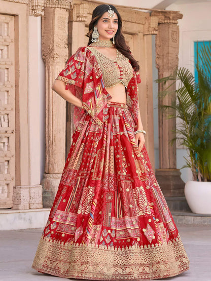 Tulsi Art Stunning Red Chinon Digital Printed Wedding Lehenga Choli