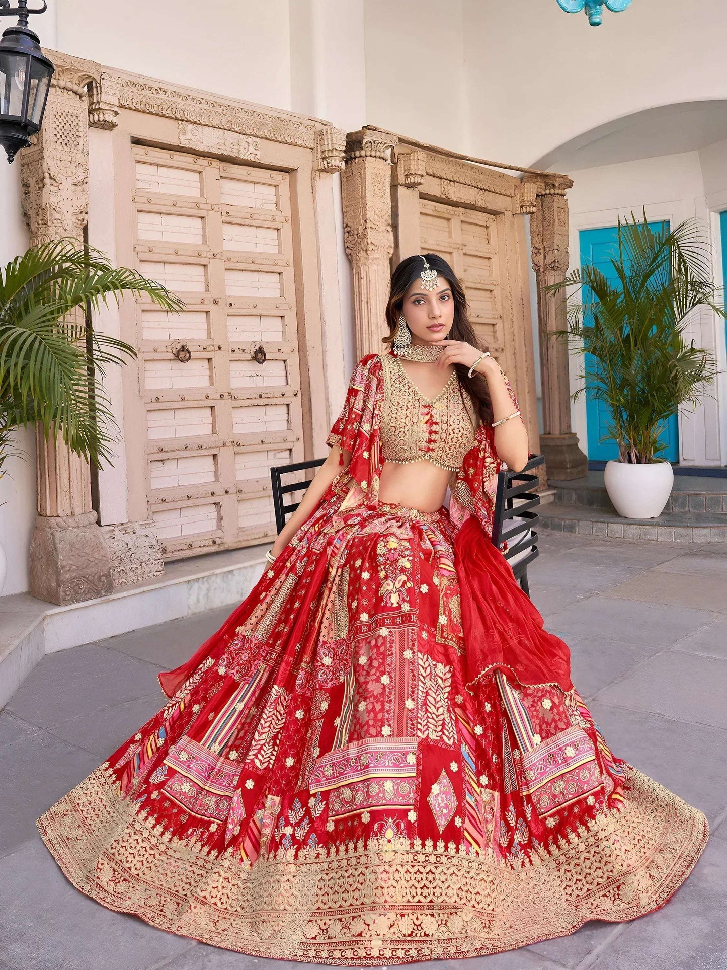 Tulsi Art Stunning Red Chinon Digital Printed Wedding Lehenga Choli