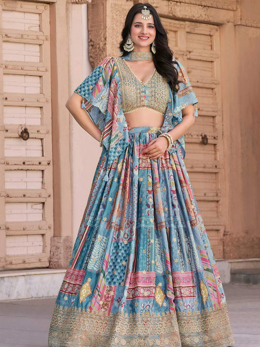 Tulsi Art Regal Sky Blue Dori Embroidered Chinon Lehenga Choli With Dupatta