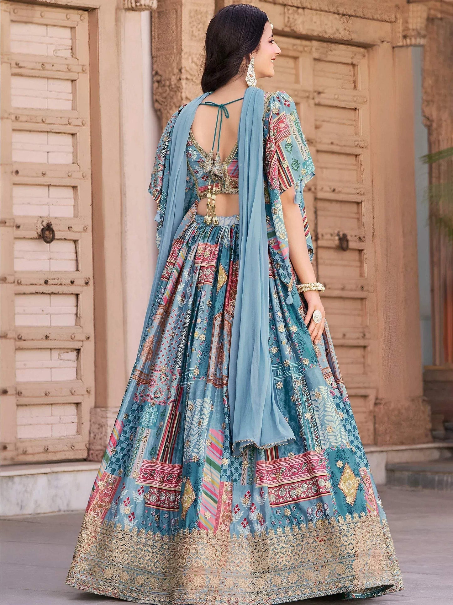 Tulsi Art Regal Sky Blue Dori Embroidered Chinon Lehenga Choli With Dupatta