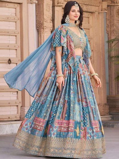 Tulsi Art Regal Sky Blue Dori Embroidered Chinon Lehenga Choli With Dupatta