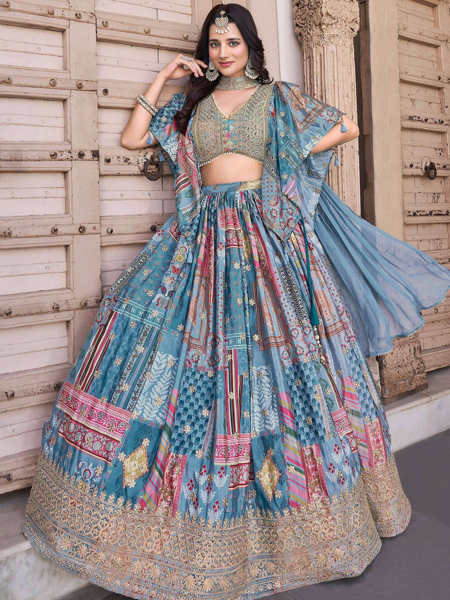 Tulsi Art Regal Sky Blue Dori Embroidered Chinon Lehenga Choli With Dupatta