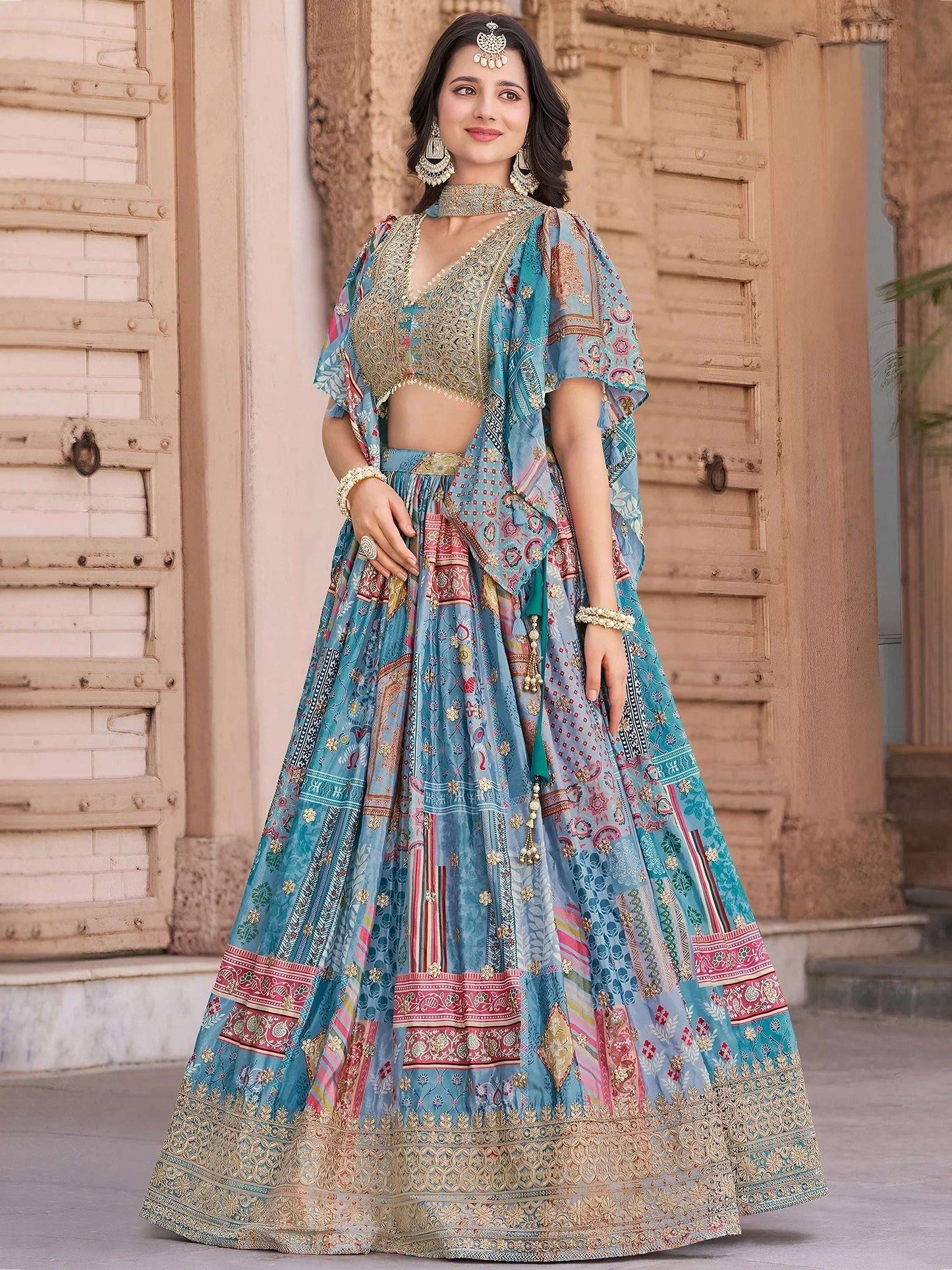Tulsi Art Regal Sky Blue Dori Embroidered Chinon Lehenga Choli With Dupatta