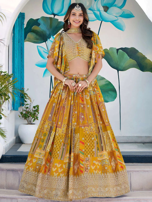 Tulsi Art Timeless Yellow Zari Embroidered Chinon Lehenga Choli With Dupatta