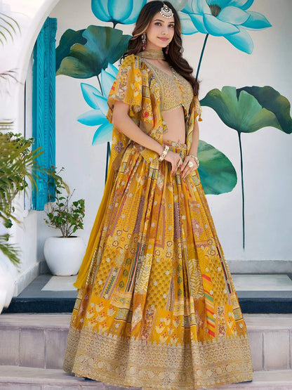 Tulsi Art Timeless Yellow Zari Embroidered Chinon Lehenga Choli With Dupatta