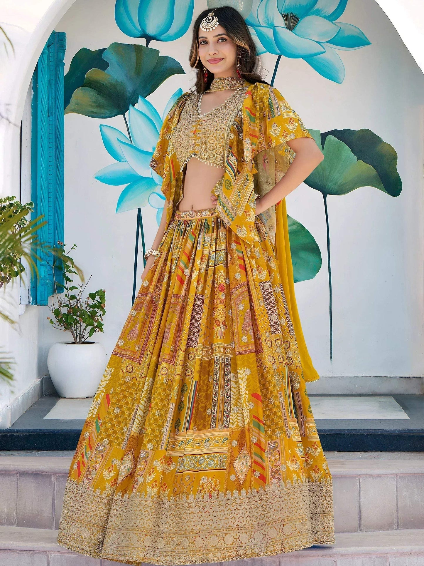 Tulsi Art Timeless Yellow Zari Embroidered Chinon Lehenga Choli With Dupatta