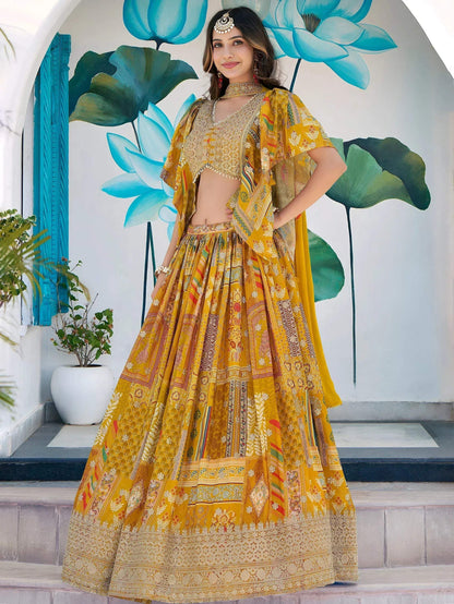 Tulsi Art Timeless Yellow Zari Embroidered Chinon Lehenga Choli With Dupatta