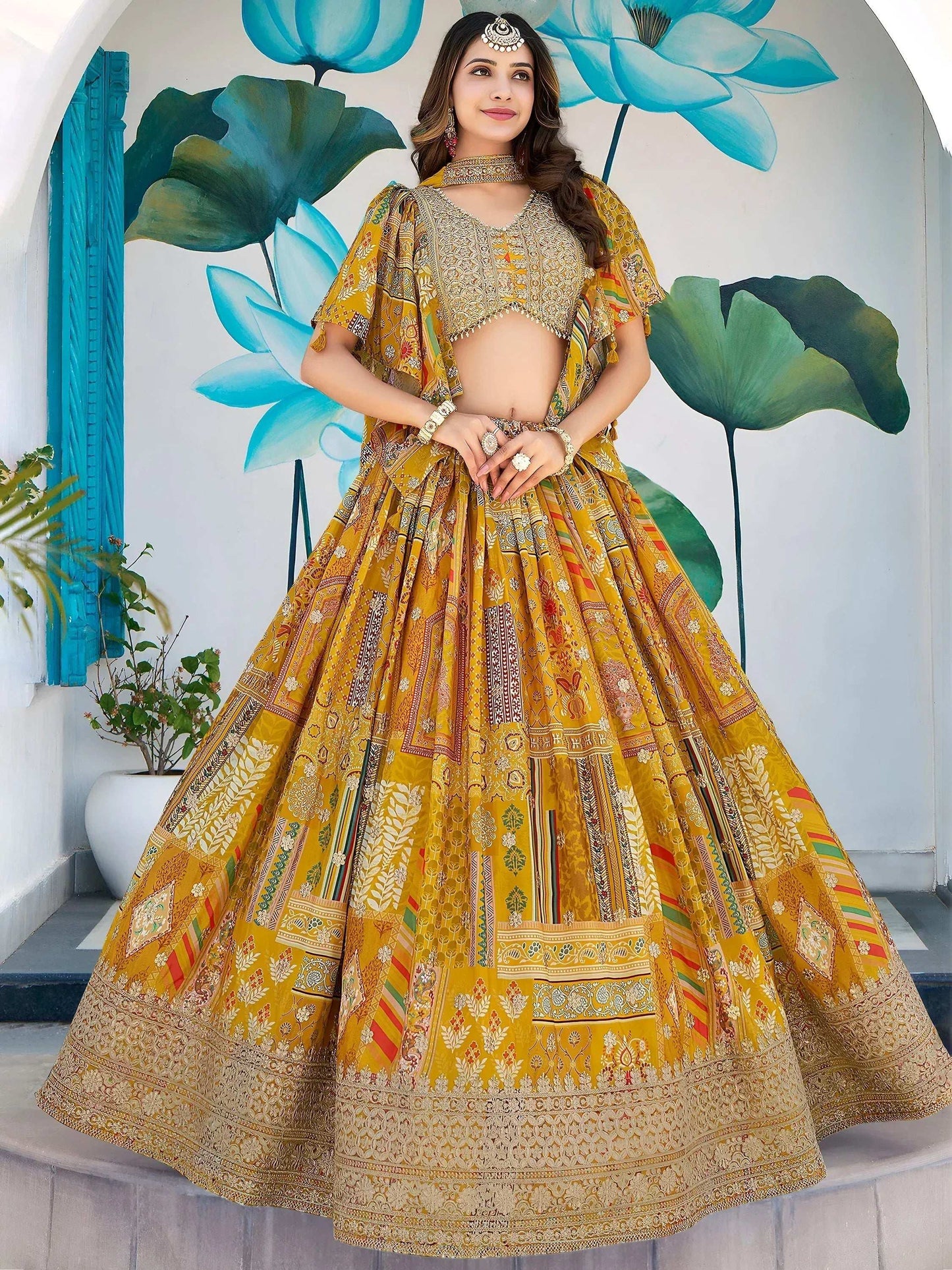 Tulsi Art Timeless Yellow Zari Embroidered Chinon Lehenga Choli With Dupatta