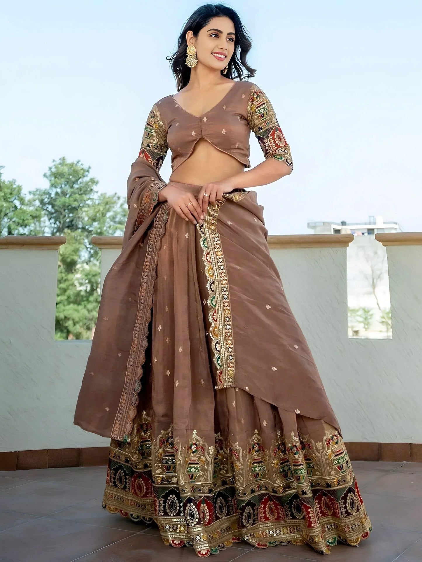 Tulsi Art Stunning Beige Silk Sequins Party Wear Lehenga Choli With Dupatta